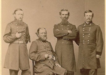 Photographic image of Benjamin Harrison, General Ward, General Dustin, and General Cogswell in Union uniforms. Text at the bottom of the photograph reads “Gen. Benjamin Harrison, eighteen sixty five.