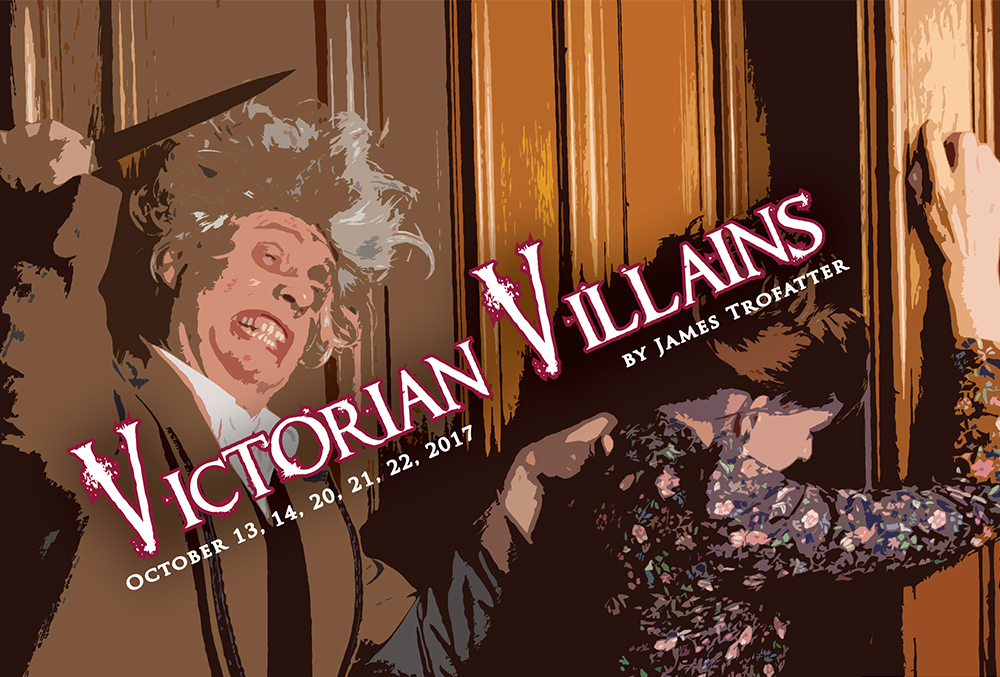Graphic illustration for the Victorian Villains postcard. The illustration shows a seemingly crazed man grabbing an unsuspecting woman's shoulder and preparing to stab her in the back with a short blade. Text on the postcard reads, 
