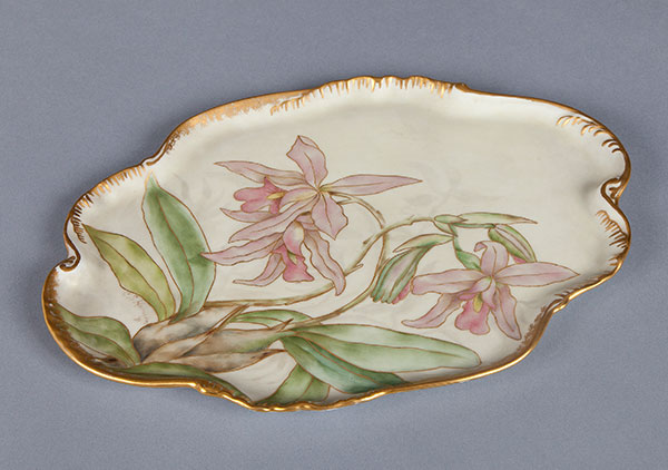 Orchid tray. hand-painted with morning glories by Mrs. Caroline Scott Harrison in pastel tones, green leaves and gold trim.