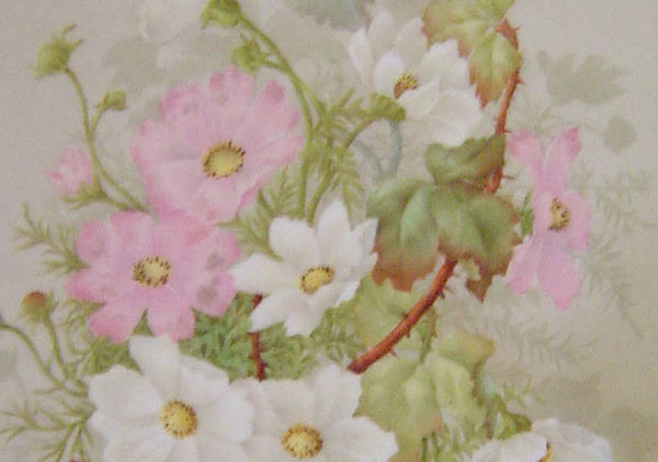 China painting on porcelain. Mat of green velvet (part of frame), wooden frame with small pink and blue flower carved around edge. China painting of pink and white flowers, possibly wild roses or cosmos.