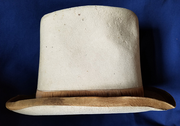 Photograph of Benjamin Harrison and Levi Morton's top hat, used in their campaign. Photograph of Benjamin Harrison and Levi Morton's top hat, used in their campaign. Cream colored felt top hat. Silk edge on brim and around base of top and a leather band around inside.