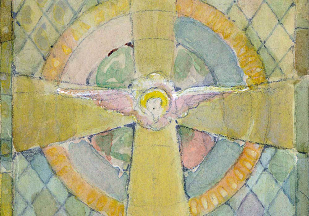 A watercolor painting of one of the stained glass windows found in the first presbyterian church. the stained glass window is styled with blue and yellow accents and a diamond pattern in the background. The center of the piece features an angel over a cross.