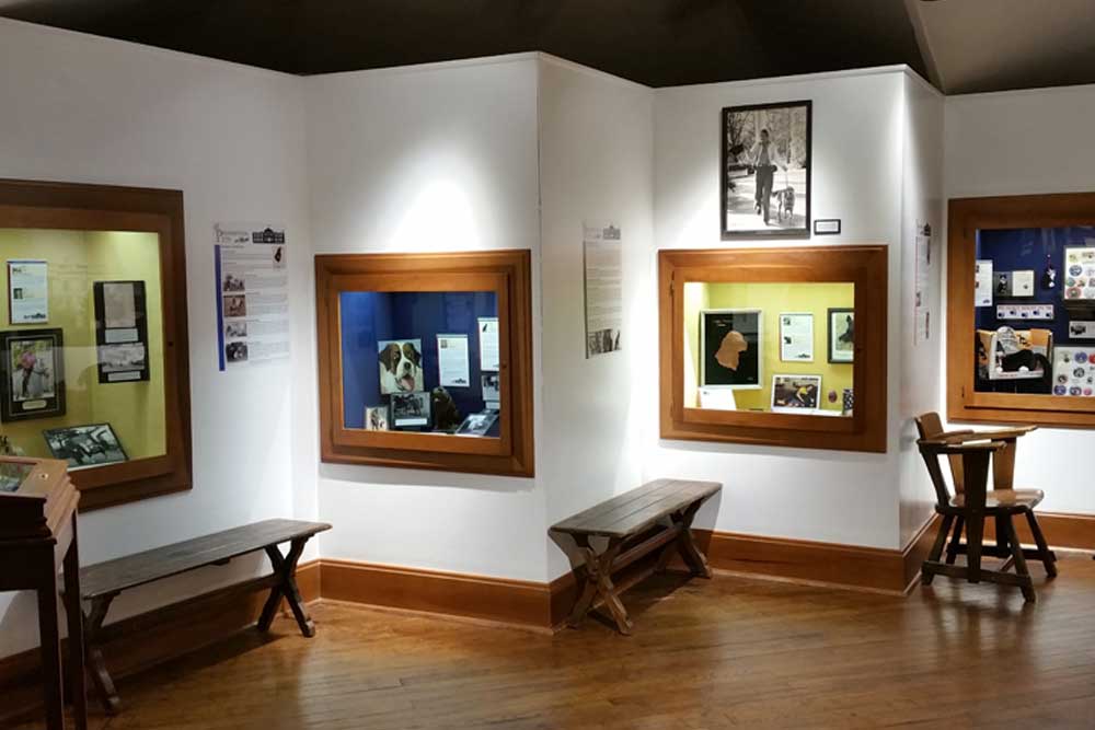 Photograph of several display cases seen on the third floor of the presidential home. The display cases vary in color from yellow to blue, and contain various documents relevant to the harrison family. there are benches in front of the display cases for sitting.