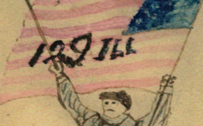 Close up of a figure on the composition. Shows a soldier hoisting an american flag and a sword, with little detail.