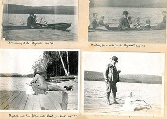 Photos from a benjamin harrison scrapbook, showing a day on the lake. In four photos he is pictured on a dock, or in a boat, with his family and dog. Three of the pictures are captioned, reading from left to right, 