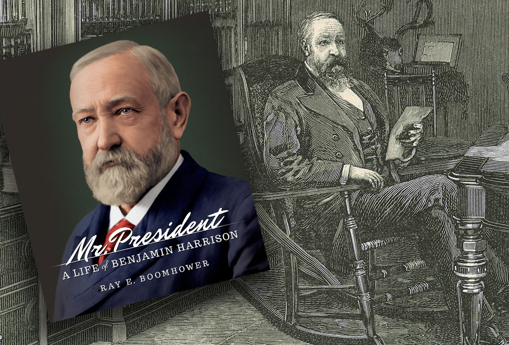 Graphic image of an etching of Benjamin Harrison reading a book. The cover of Ray Boomhower's Mr President: A Life of Benjamin Harrison is superimposed over the etching.