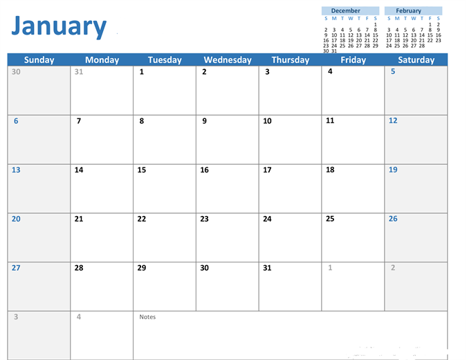 Image of a blank calendar for the month of January. It is mostly white with a blue theme.